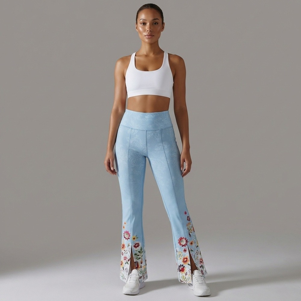 Johnny Was Active‎ Light Blue Floral Flare Leggings Split Hem High Waist Small
